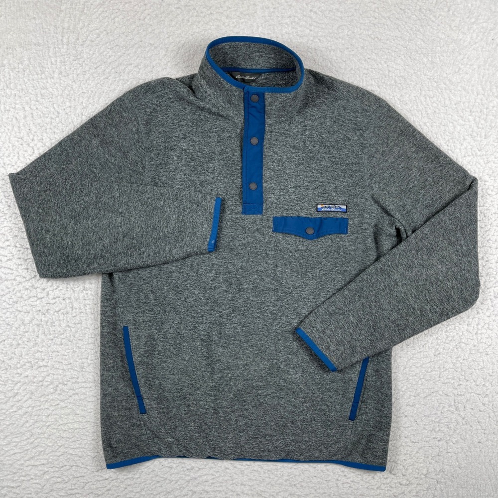 Eddie Bauer Fleece Pullover Mens Medium Gray Blue Snap Neck Mock Heathered